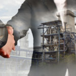 Double exposure of handshake and Power Reactor Factory